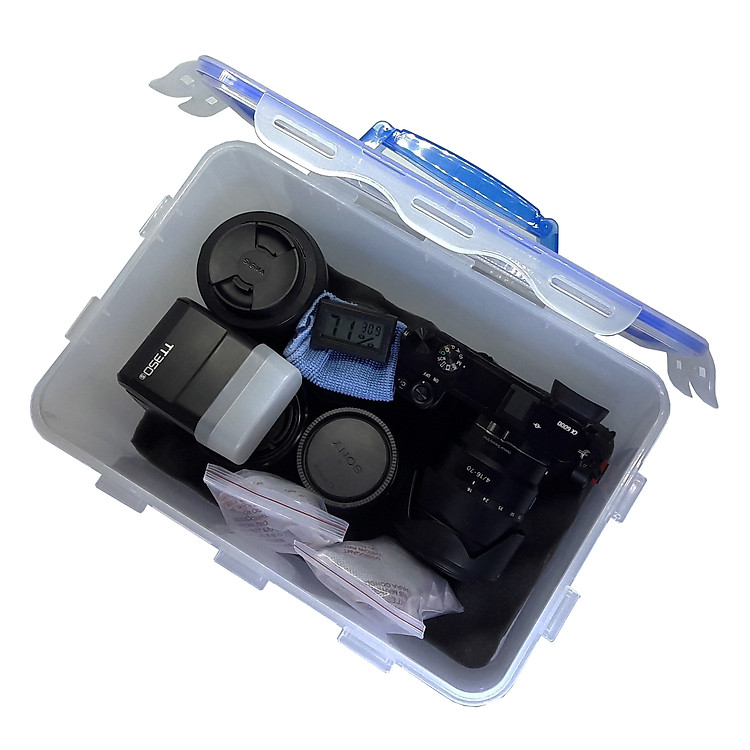 Combo hộp chống ẩm lớn, ẩm kế điện tử, 200gram hạt hút ẩm xanh, mút xốp, khăn lau lens cho máy ảnh, máy quay phim - dung tích 7.7 lít - Hàng chính hãng
