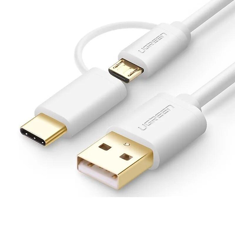Ugreen 30380 1.5M màu trắng Cáp USB-A sang Micro USB + USB-C cao cấp US142 Hàng chính Hãng
