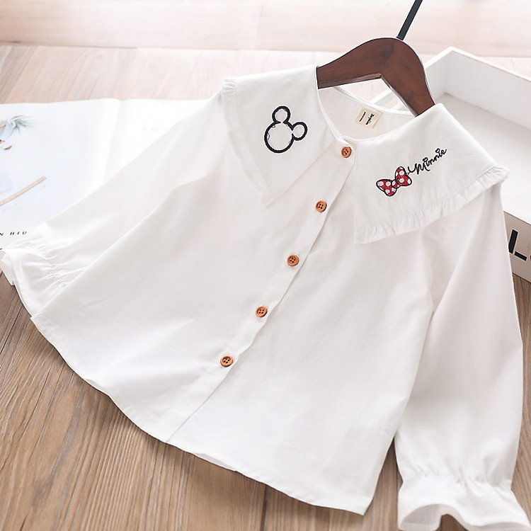 Áo sơ mi trắng thêu nơ bé gái 3-12 tuổi