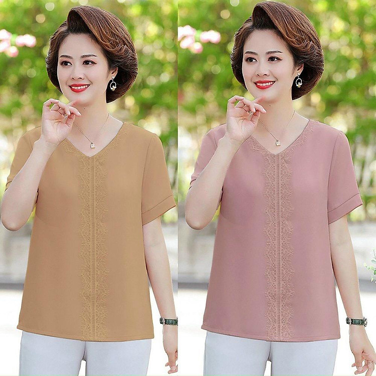Áo Kiểu Nữ Trung Niên, Mẫu Áo Cho Mẹ Trung Niên U50+ Cổ V Sang Trọng ,Nhã Nhặn, Thoải Mái