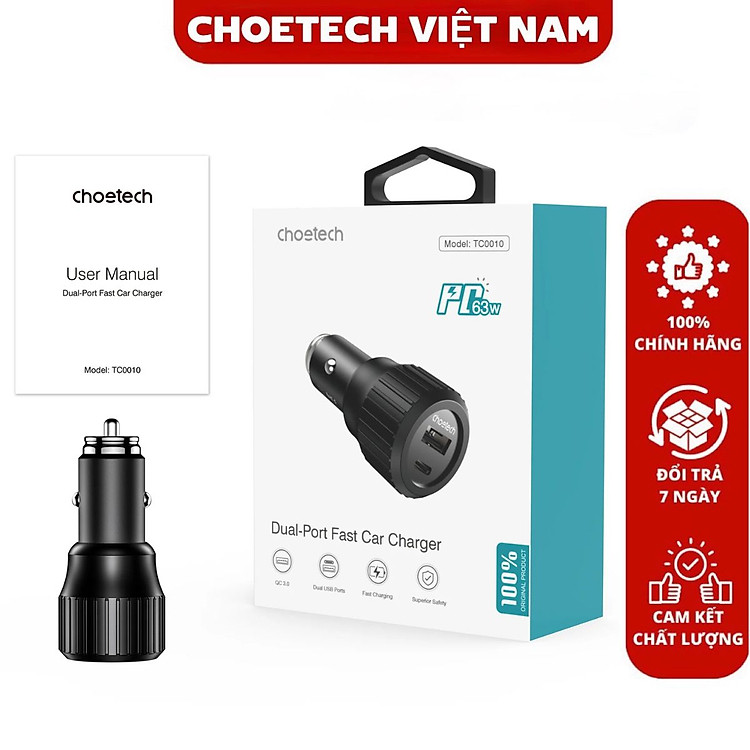 Tẩu sạc CHOETECH TC0010 ô tô PD 63W có 2 cổng ( 1 Type C+ 1 USB)- Hàng chính hãng