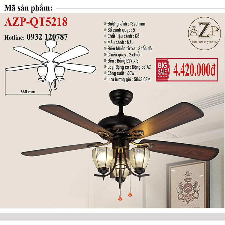AZP - ĐÈN QUẠT TRẦN / ĐÈN TRANG TRÍ / ĐÈN PHÒNG KHÁCH / PHÒNG NGỦ AZP-QT5218 phong cách đương đại, hàng nhập khẩu AZP