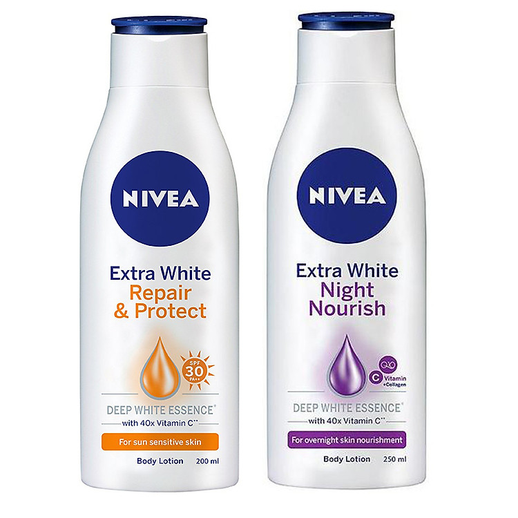 Combo Dưỡng thể Nivea: Chai ban ngày dưỡng trắng, săn da spf 35++ và Chai ban đêm dưỡng trắng da bổ sung collagen-( 200ml*2)
