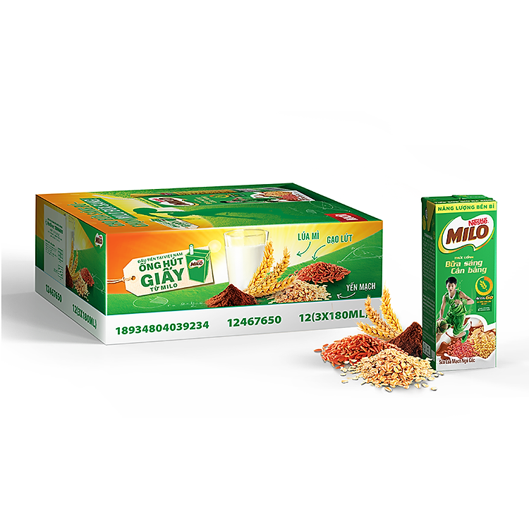 Sữa lúa mạch Nestlé MILO Bữa Sáng Thùng 36 hộp x 180ml (12x3x180ml) - Giao mẫu ngẫu nhiên