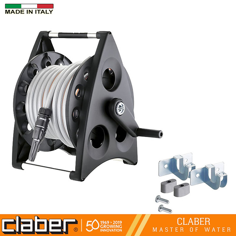 Bộ Cuộn Ống Tưới Cây Claber Kiros Kit 8945 loại 20 mét, vòi tưới 2 chế độ, 4 khớp nối nhanh, 1 khớp nối vòi, Tặng thêm 1 vòi tưới cao cấp khác ngoài vòi có sẵn trong bộ