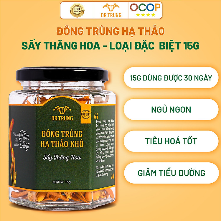 Đông trùng hạ thảo Dr. Trung Sấy thăng hoa - Loại Đặc biệt - Công thức cải tiến từ tảo Spirulina và Protein thực vật, Không sử dụng nhộng tằm, Dùng được với người ăn chay - Giúp cải thiện giấc ngủ, Tăng hệ miễn dịch, Ổn định huyết áp