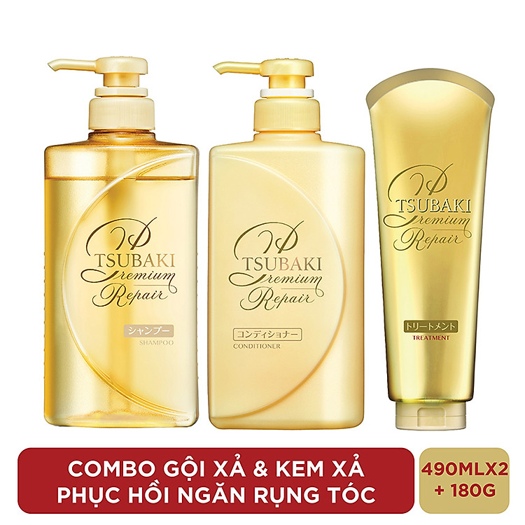 Bộ Ba Chăm Sóc Tóc TSUBAKI Phục Hồi Ngăn Rụng Tóc Gội Xả (490ml/chai) + Kem Xả 180g