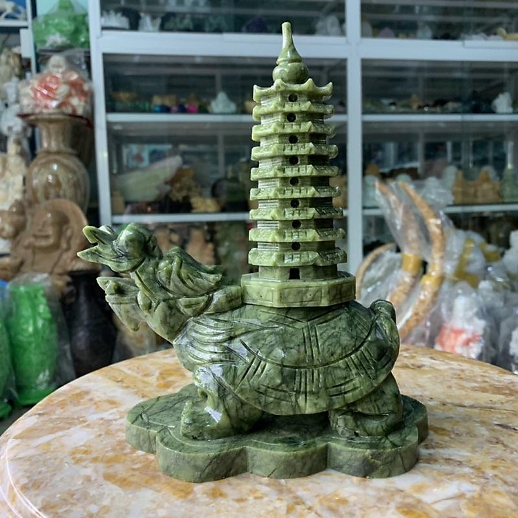 Cụ Long Quy (Rùa Đầu Rồng) Cõng Tháp Văn Xương Đá Ngọc Ấn Độ - cao 22cm