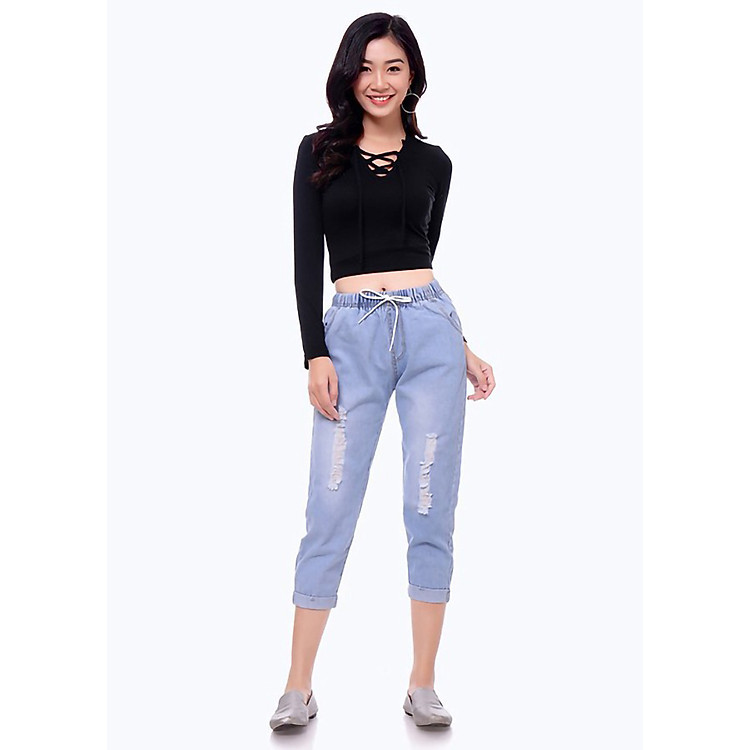 Quần baggy jean rách xanh ngọc lưng thun