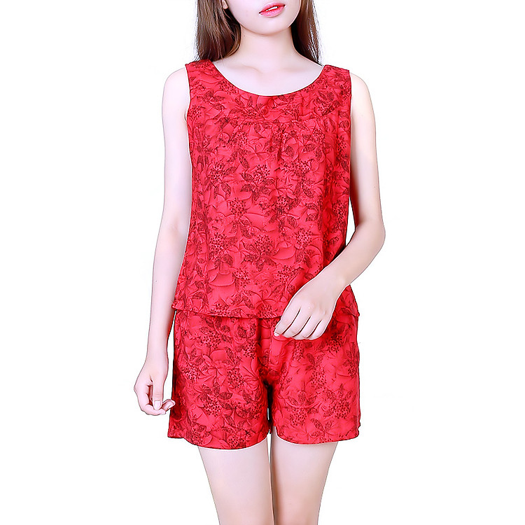 Bộ mặc nhà lanh (tole) Vicci quần short BS068.4 họa tiết hoa nền đỏ
