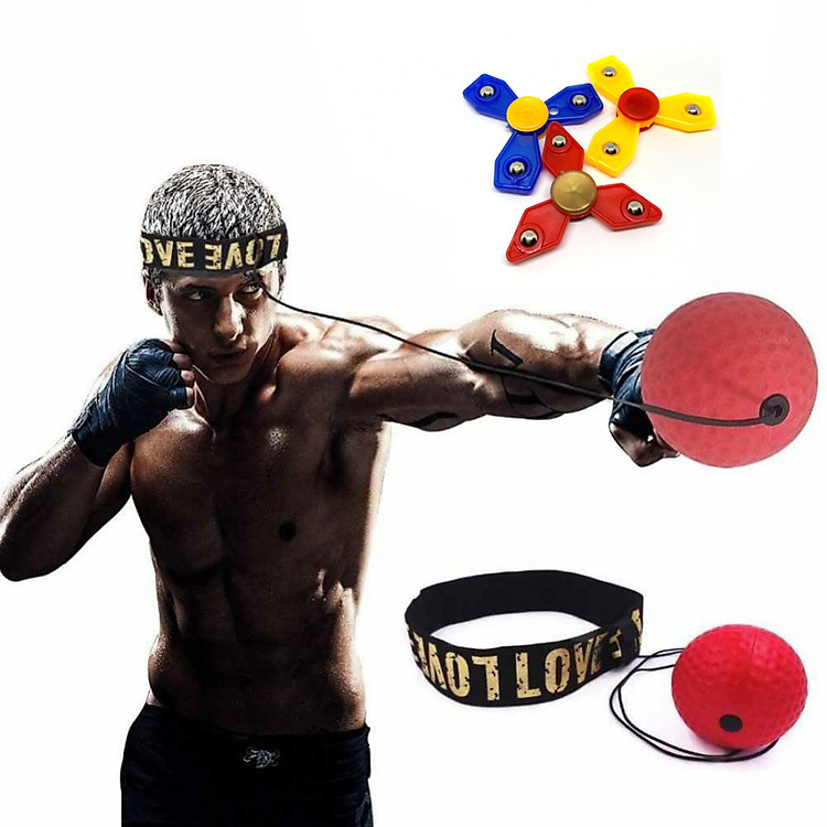 2 bộ bóng tập boxing phản xạ với dây buộc đầu - Tặng bộ 3 con quay spinner