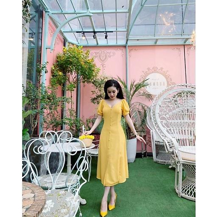 Đầm Cổ V 8 Mảnh Nút Bọc dáng xòe