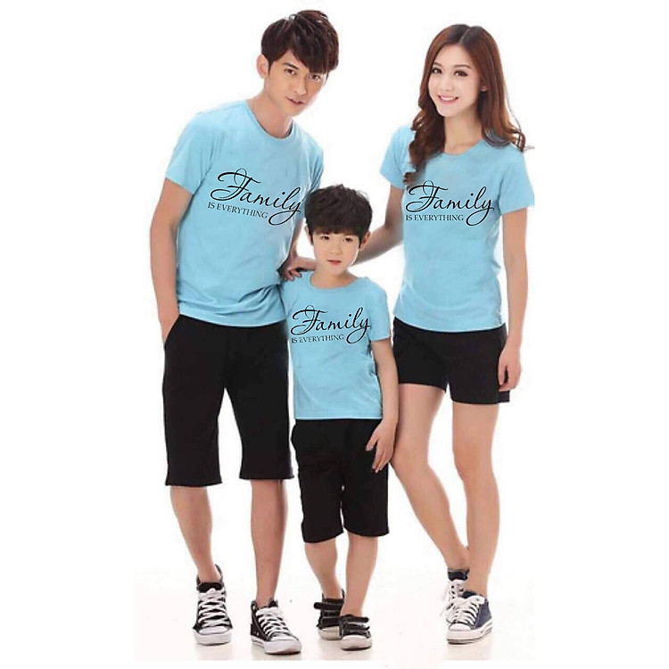 Combo 3 bộ đồ gia đình quần đen áo xanh in họa tiết chữ Family is Everything xinh xắn