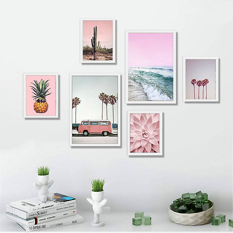 Bộ khung 06 tranh phong cảnh tông màu hồng pastel treo tường, trang trí phòng khách, phòng ngủ - Tặng set đinh treo tranh chuyên dụng và khung bo ngoài màu trắng