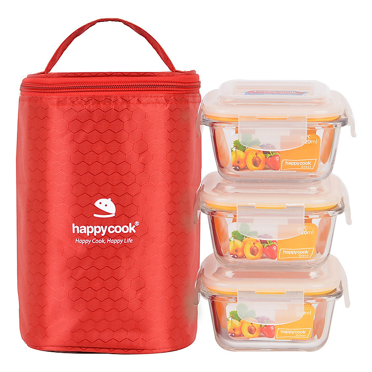 Bộ 3 hộp thủy tinh vuông HappyCook 320ml Kèm Túi Giữ Nhiệt HCG-03SE