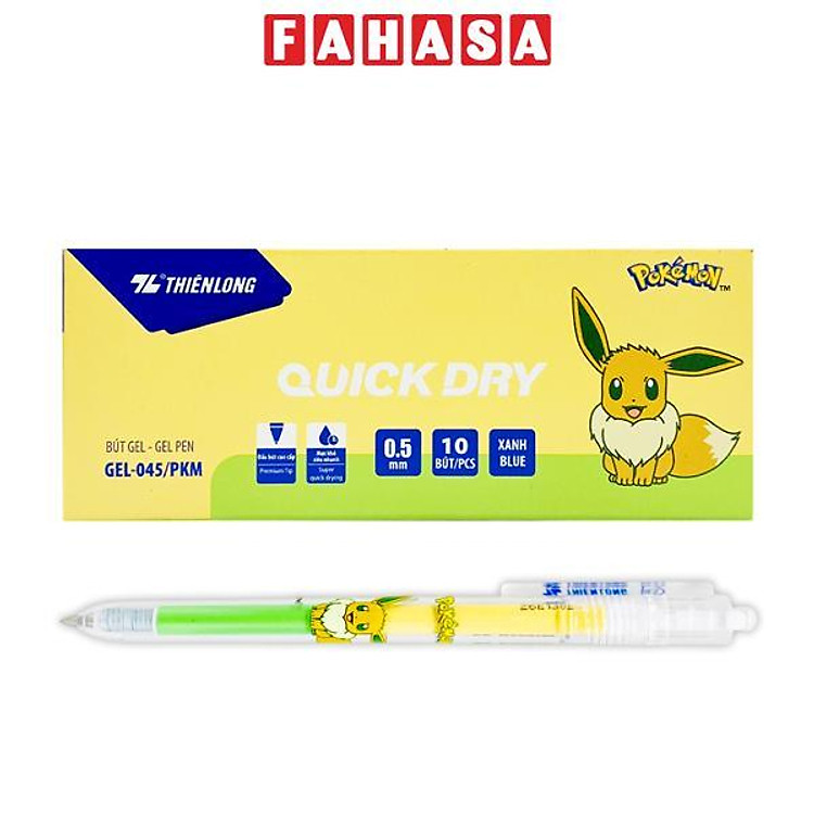 Hộp 10 Bút Gel Quick Dry Pokemon 0.5 mm - Thiên Long GEL-045/PKM - Mực Xanh - Eevee