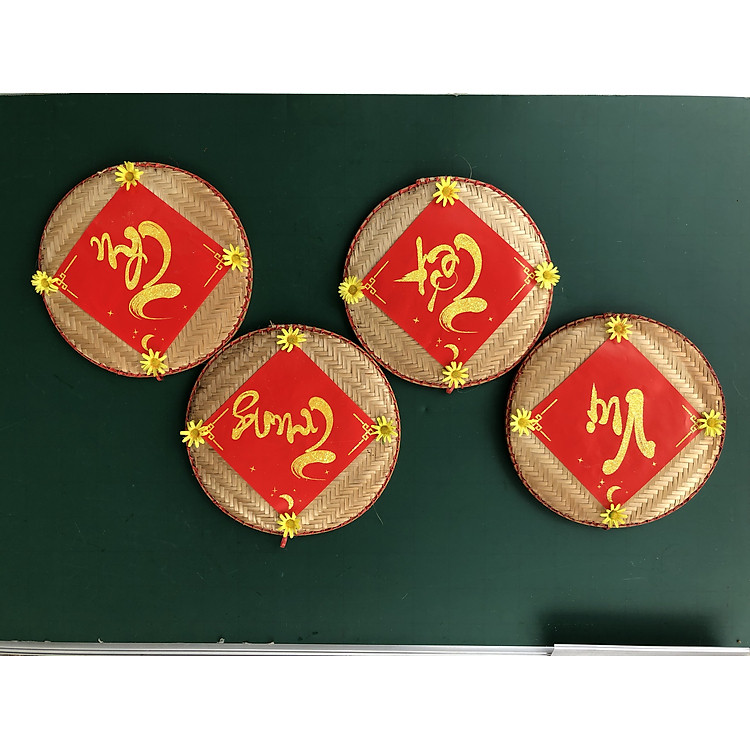 Bộ 4 mẹt tre chữ thư pháp VUI TẾT TRUNG THU treo trang trí Tết Trung thu 2022 đường kính mẹt 30cm chữ phủ nhũ lấp lánh