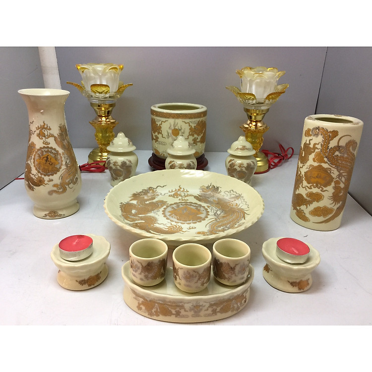 Bộ bát hương thờ rồng vàng ( gốm sứ bát tràng cao cấp) comboo cả bộ + tặng tro đủ bát hương tặng nước sái tịnh đồ thờ