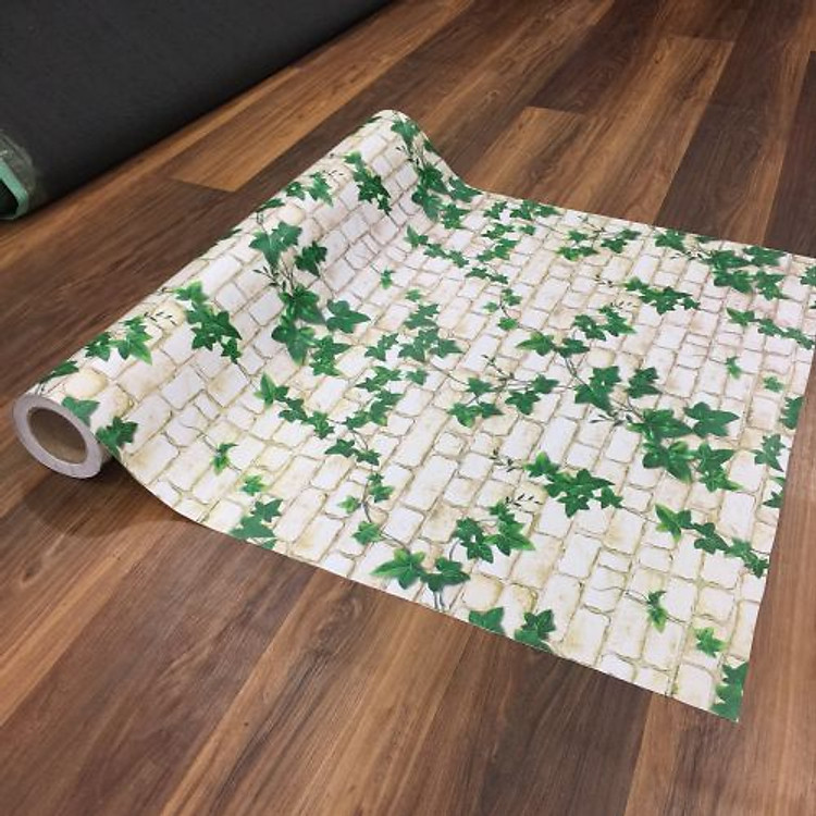 Giấy dán tường giả gạch 3d dây leo xanh, khổ 90cm có sẵn keo