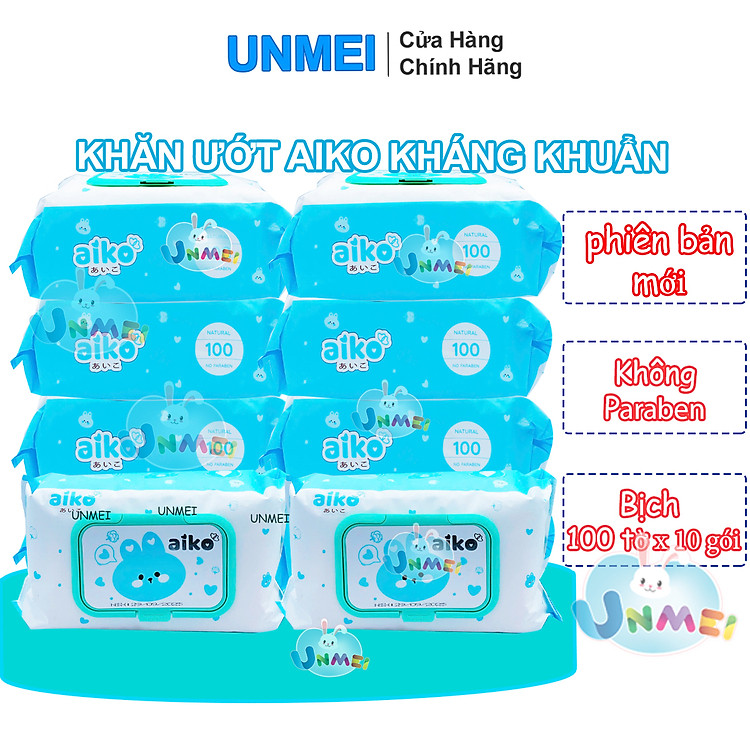 Combo 10 Gói Khăn Ướt Aiko Kháng Khuẩn Xanh/Khăn Ướt Không Mùi Hồng 100 tờ/gói
