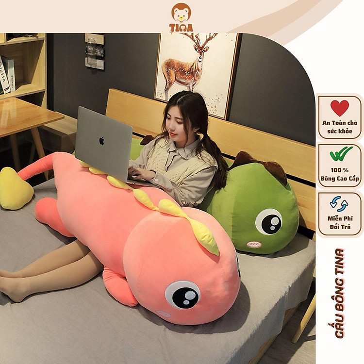 Gối ôm khủng long dài đuôi tim gấu bông ôm ngủ cho bé kích thước 55cm - 1m8