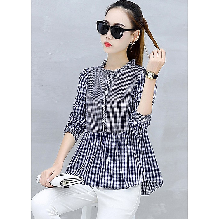 Áo nữ cổ trụ bèo caro 16