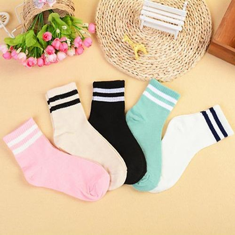 Set 5 Đôi Tất Nữ Cao Cổ Viền 2 Kẻ