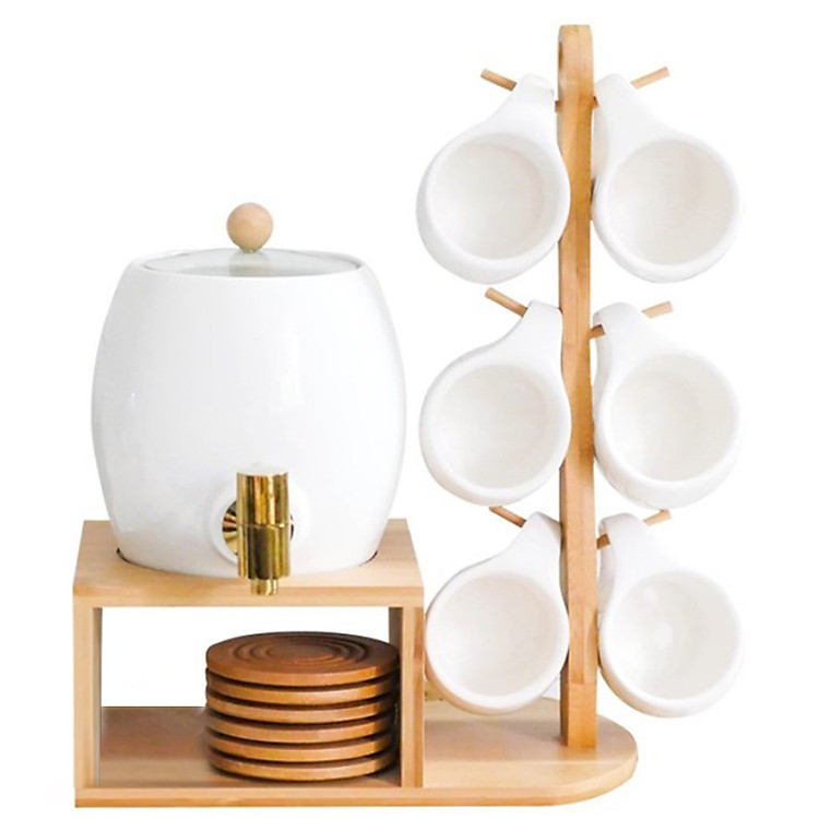 Bộ bình rót nước kèm 6 cốc sứ giá gỗ