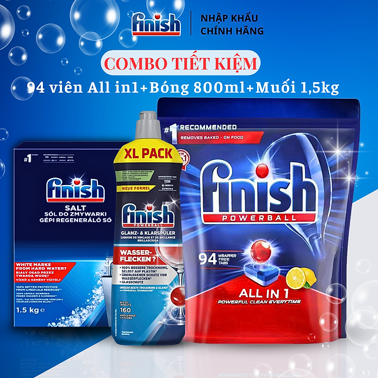 Nước làm bóng finish 1150ml+100 Viên rửa bát Finish All in 1+Muối rửa bát Finish 1.5kg