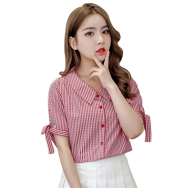 Áo sơ mi nữ caro tay cột nơ