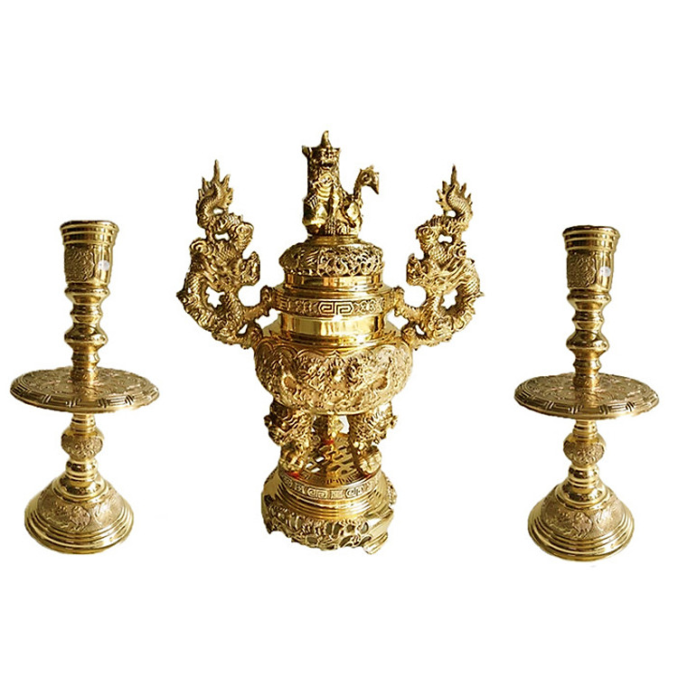 Bộ tam sự tròn 3 món lư hương đỉnh đồng đồ thờ phụng Tâm Thành Phát