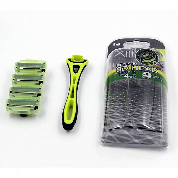Set dao cạo 5 lưỡi kép Xfit KAI xoay 360 độ 1 thân, 4 lưỡi thay thế hàng nội địa Nhật (tặng móc khoá Family decor)