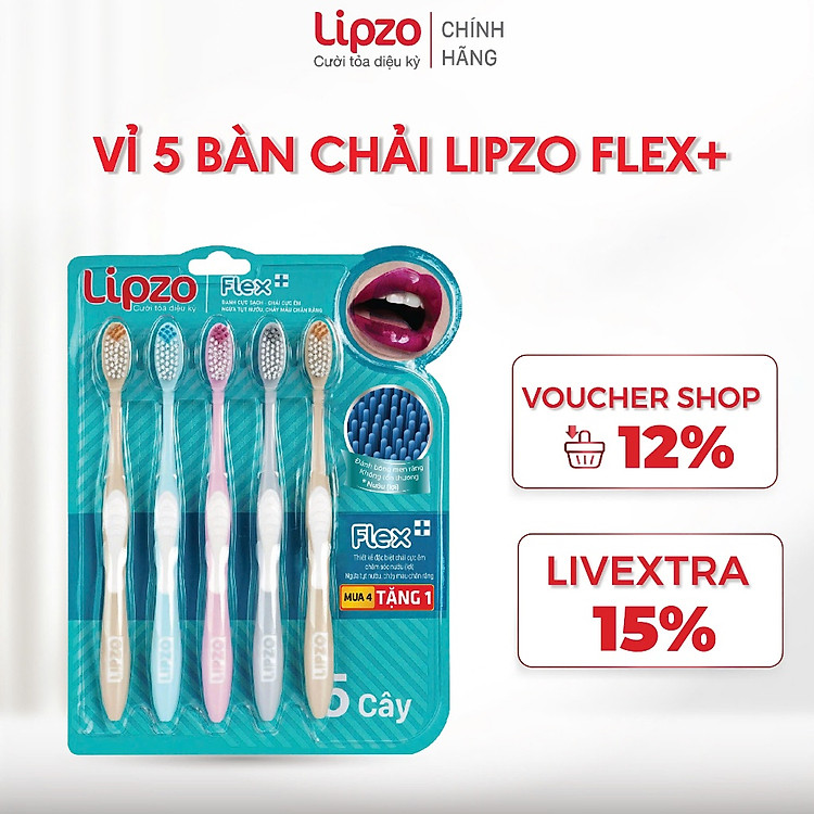 Vỉ 4 Tặng 1 Bàn Chải Đánh Răng Lipzo Flex+ Màu Pastel Công Nghệ Lông Bàn Chải Lõi Kép Chỉ Tơ Nha Khoa Siêu Linh Hoạt