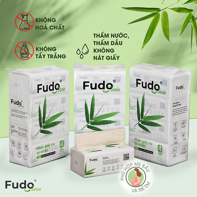 khăn giấy khô Fudo® TISSUEPack™ từ sợi tre từ tre - 03 Túi lớn -12 gói/130 tờ - 03 lớp siêu thấm