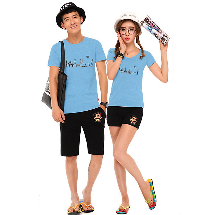 Bộ Áo Thun Đôi Nam Nữ Cắm Trại Màu Xanh Biển
