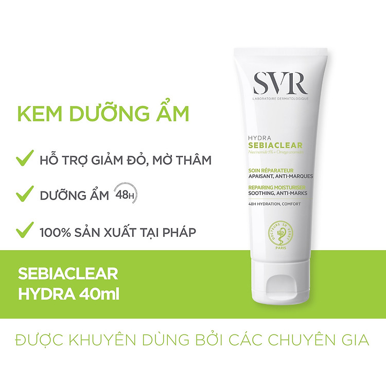 Kem dưỡng ẩm, giúp làm dịu, hỗ trợ sửa chữa và mờ thâm cho da mụn SVR SEBIACLEAR HYDRA 40ml