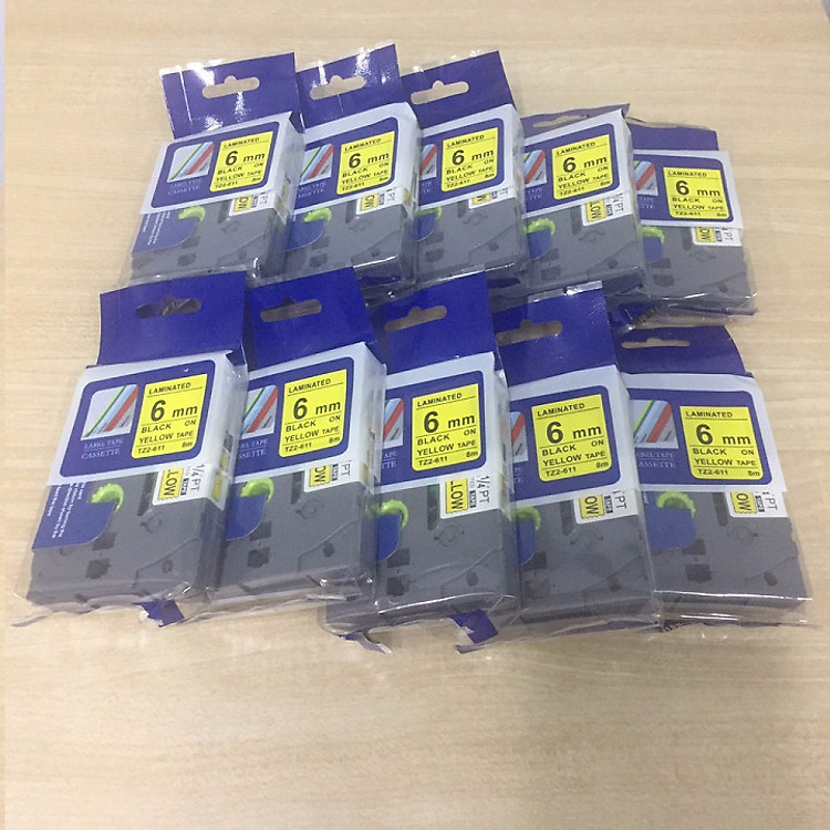 Combo 10 cuộn nhãn in TZ2-611 tiêu chuẩn - Chữ đen trên nền vàng 6mm - Hàng nhập khẩu