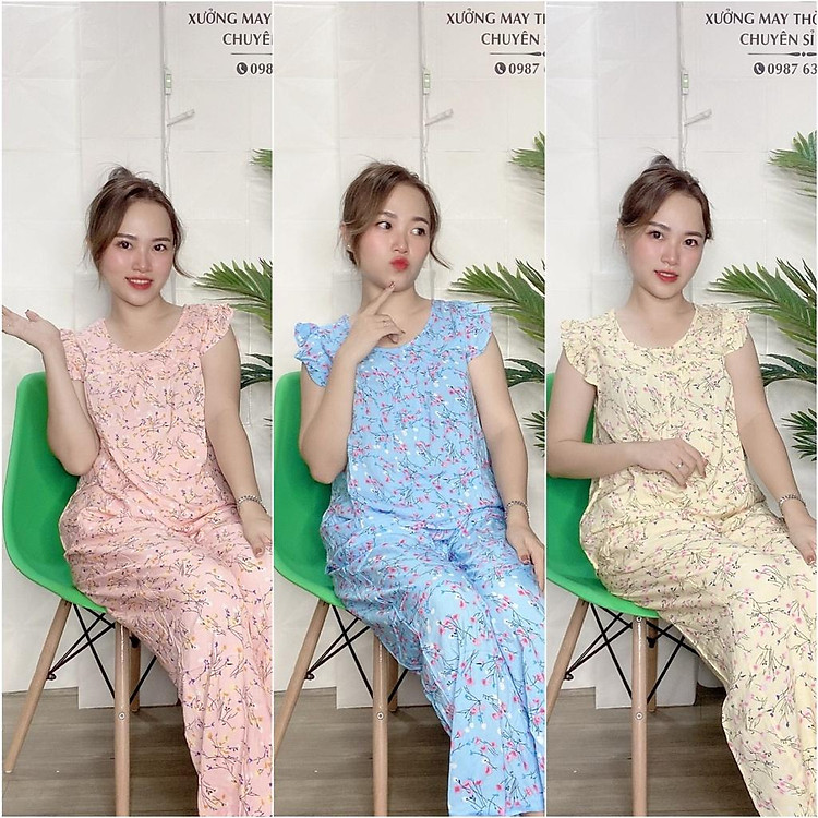 Đồ bộ lanh (tole) mặc nhà nữ VNXK, quần dài 9 tấc tay cánh tiên , họa tiết hoa nhí - TLD61