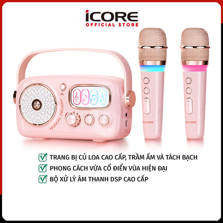 Bộ Loa Karaoke Mini Cổ Điển Bluetooth iCore VSM99 Kèm 02 Micro - Hàng chính hãng