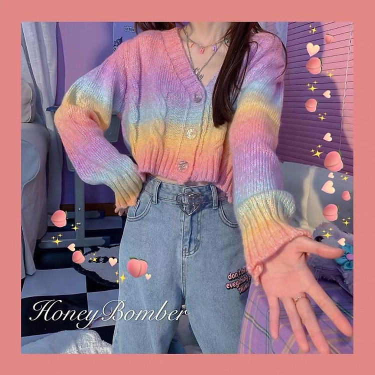 JISOO BLACKPINK Áo croptop len tay dài màu rainbow cầu vồng phong cách ulzzang