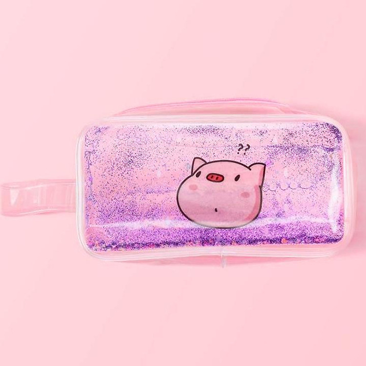 Hộp bút nhựa trong suốt hình chú heo nhũ kim tuyến nước - nhiều mẫu