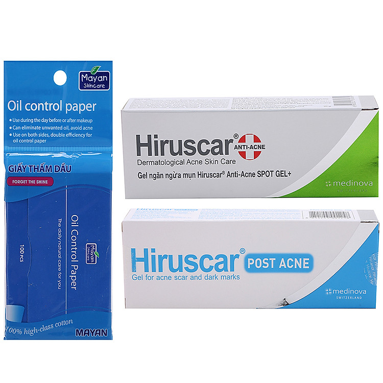 Combo Ngừa Mụn Gồm Kem Chấm Mụn Hiruscar Spot Gel 10g Và Gel Ngừa Mụn Thâm Sẹo Hiruscar Post Acne 10g Kèm Túi Mỹ Phẩm Và Giấy Thấm Dầu