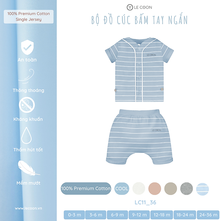 LE COON | Bộ Đồ Cúc Bấm Tay Ngắn | Vải COOL mỏng mát | 0 tháng - 3 tuổi