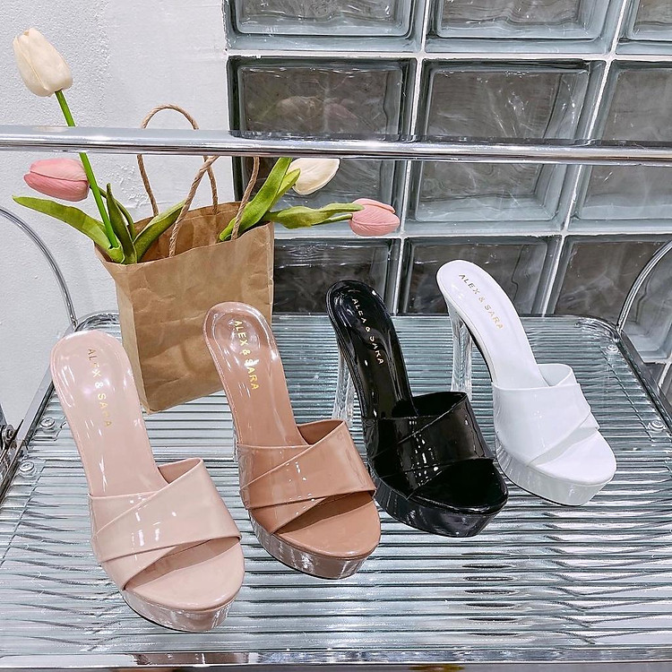 ()Dép/giày cao gót nữ bảng ngang siêu sang gót đúc vuông pha lê (cao 12 phân)