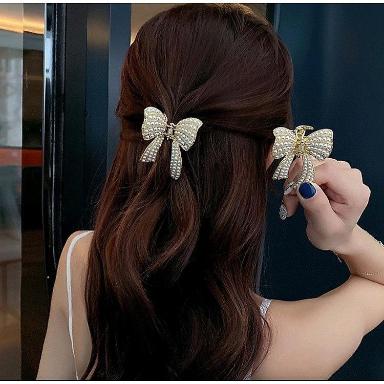 Kẹp Tóc Nơ Đính Đá Và Ngọc Trai Phong Cách Vintage