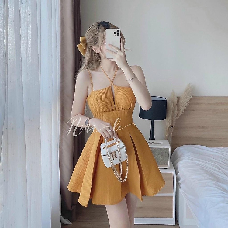 Đầm váy nữ 2 dây xếp ly xòe tiểu thư xinh xắn dành cho các nàng đi chơi, dự tiệc
