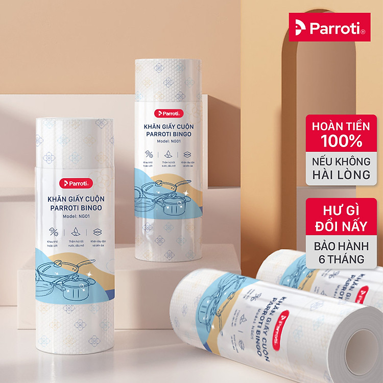 Khăn giấy cuộn đa năng, lau bếp, lau kính, chén bát, lau tay (50 khăn/cuộn, 25cm x25cm) - Parroti Bingo NG01