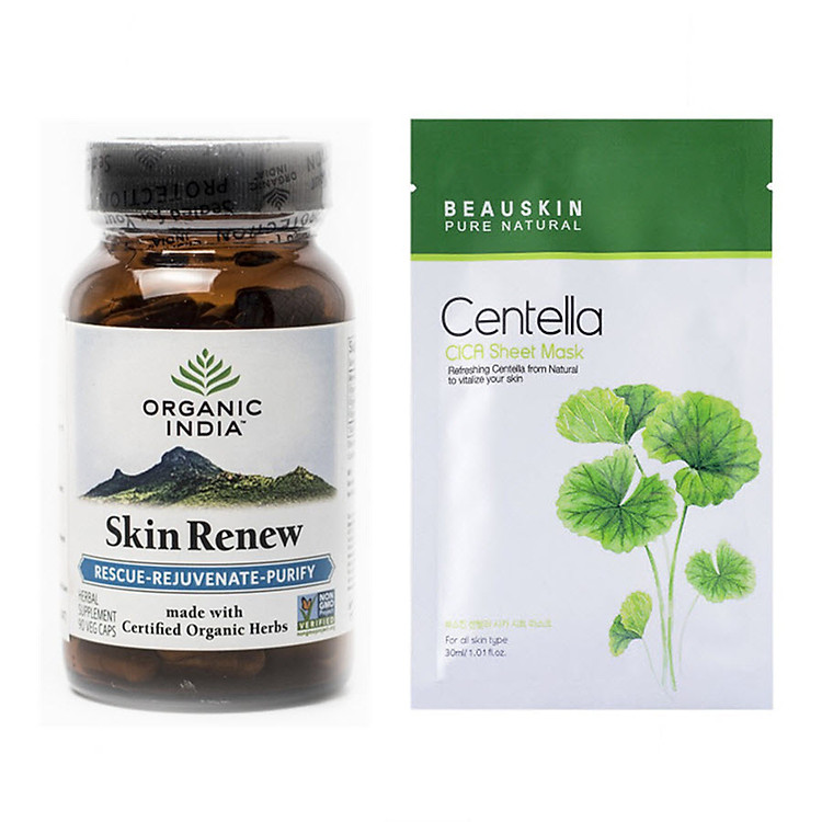 Combo Viên uống làm đẹp da Organic India Skin Renew + Mặt nạ dưỡng da ngừa mụn Beauskin Centella Cica