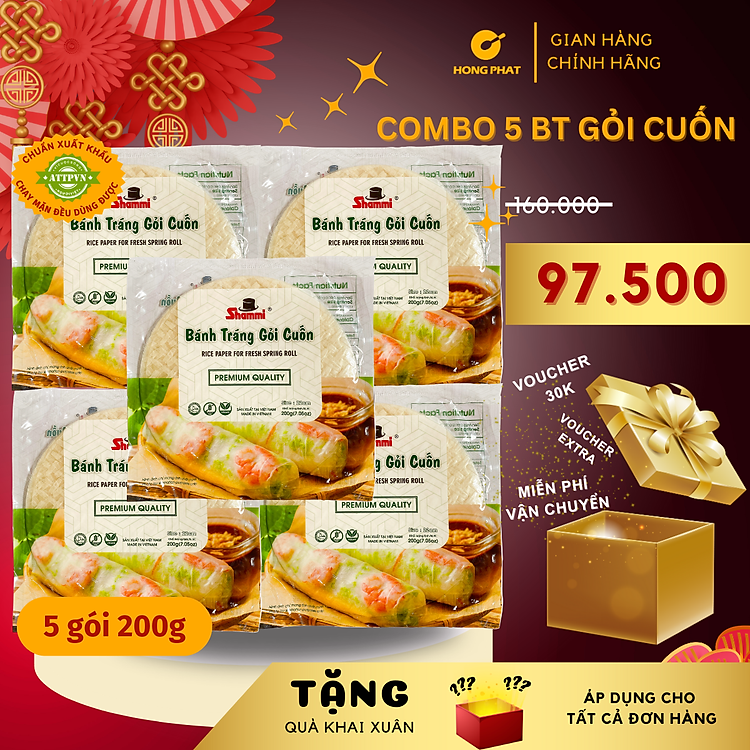 Combo 5 Bánh tráng gỏi cuốn Shammi tròn size 22cm túi 200g (Bánh tráng cuốn xuất khẩu)