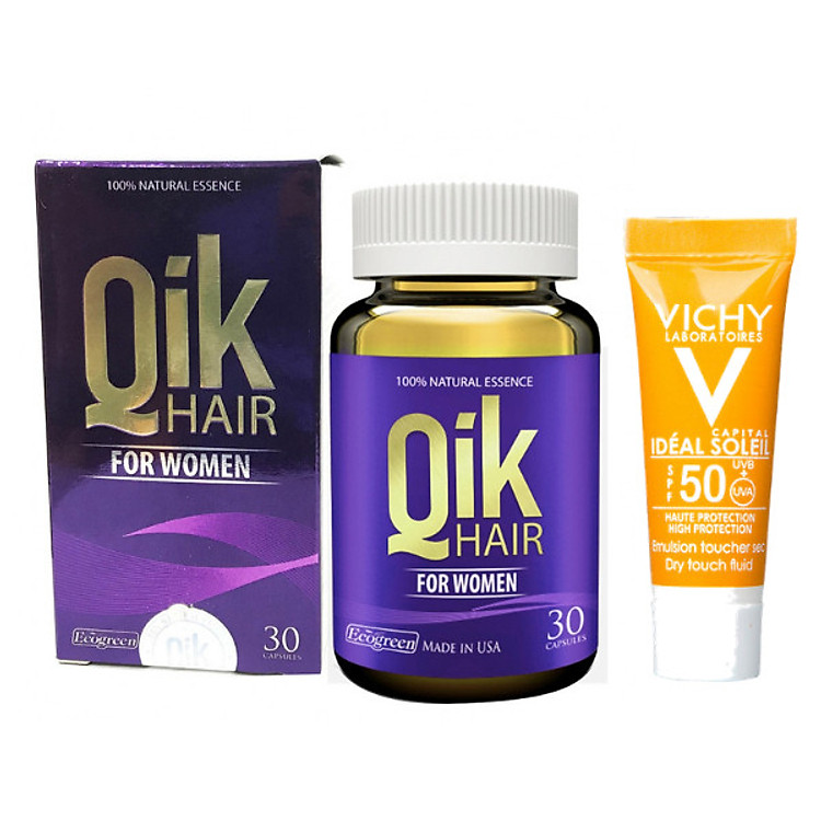Thực Phẩm Chức Năng Viên Bổ Tóc Cho Nữ Qik Hair For Women Hộp 30 viên - Tặng kèm kem chống nắng Vichy Ideal Soleil (3ml) không trôi không nhờn rít, SPF 50 PA+++